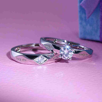 REVERSEA Valentine King Queen Adjustable Couple for Girls and Women Stainless Steel Cubic Zirconia 830 Silver Plated Ring
