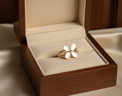 Diyaana Pearl Petal Bloom Adjustable Ring for Women's & Girls. Alloy Cubic Zirconia Gold Plated Ring