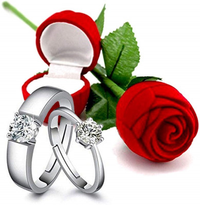 ELITE CREATION Adjustable Valentine's Special Silver Plated CZ American Diamond Adjustable Finger Ring with Red Rose Gift Box For Women/Girls Brass Cubic Zirconia Silver Plated Ring