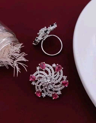 Parmeshwar Stone Spiral Floral Adjustable Finger Ring for Women & Girls Alloy Cubic Zirconia Silver Plated Ring