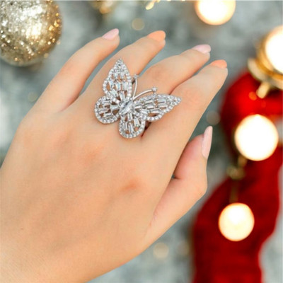 Nitant Designer Butterfly Silver Colored American Diamond Studded Adjustable Alloy Silver Plated Ring