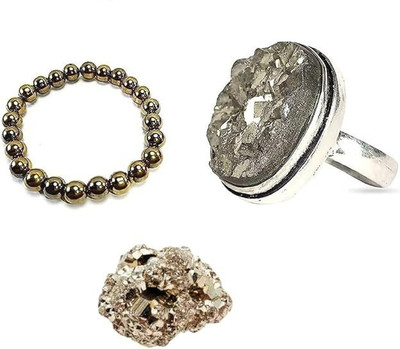 Seh Adjustable Pyrite Ring with Pyrite Bracelet and Peru Pyrite Cluster(50-60GM) Brass Crystal, Agate Silver Plated Ring