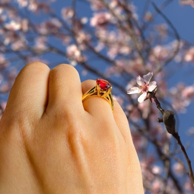 Gemzonite Ruby Ring Certified Manik Astrological Stone Brass Ruby Gold Plated Ring