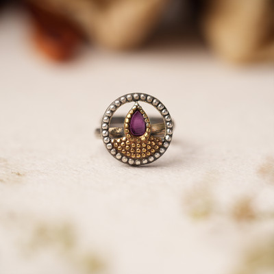 Sanseeta Sanskriti- Silver oxidised ring Brass Zircon Silver Plated Ring