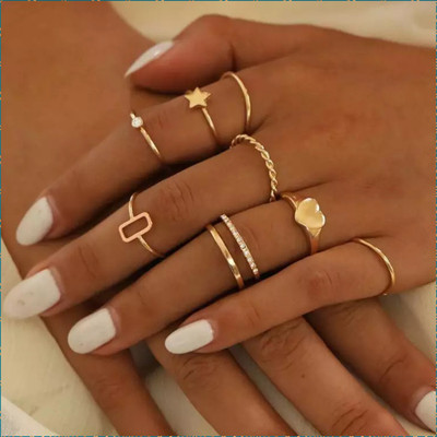 TheVineGirl Gold Plated 8 Piece Star Heart Cross Chain Ring Set Alloy Cubic Zirconia Gold Plated Ring Set