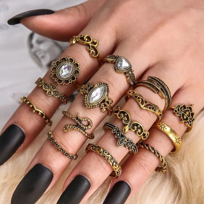 Thrillz Ring For Girls Golden CZ Multi Deisgns Boho Finger Ring For Women Ring Set Alloy Gold Plated Ring Set