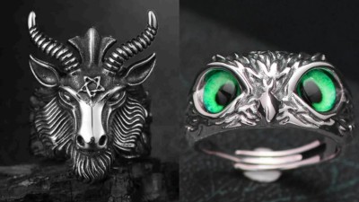 Sunshine Creations (Set Of 2 Pcs) Unisex Cute & Angry Crystal Glasses Owl Ring & Deer Ring Combo Stainless Steel Silver Plated Ring