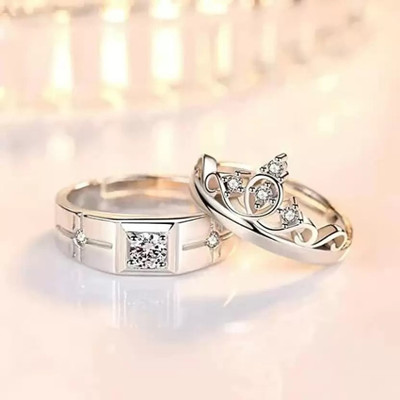 Zaphariq Premium Silver Plated Crown Adjustable Couple Rings Set Alloy Cubic Zirconia Silver Plated Ring