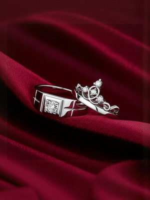 Dressberry Premium Silver Plated Crown Adjustable Couple Rings Set Alloy Cubic Zirconia Silver Plated Ring Set