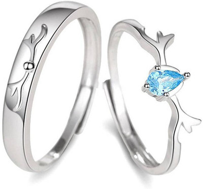 Vibeesle Deer antler Couple Ring Stainless Steel Cubic Zirconia Platinum Plated Ring Set