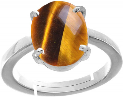 EVERYTHING GEMS 8.25 Ratti 7.40 Carat Natural Tiger's Eye Original and Lab Certified Ring Brass Crystal Silver Plated Ring