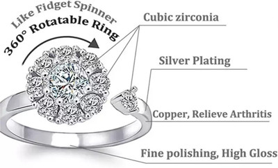 JRISSY Crystal Ring Studded Adjustable Tone Rotating Round Shaped Finger Alloy Alloy Cubic Zirconia Silver Plated Ring