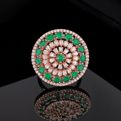 Estele Rose Gold Plated CZ Adjustable Gorgeous Flower Shaped Emerald/ Green Brass Cubic Zirconia Ring