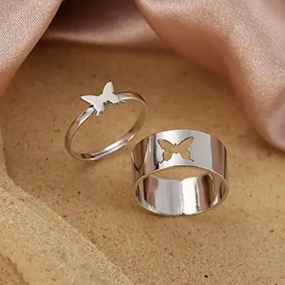 Vembley Beautiful Silver Butterfly Couple Matching Wrap Finger Ring Alloy Silver Plated Ring Set