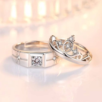 RAPPERSSHOP Prince and Princess Crown Silver Plated Couple Adjustable Rings for Lovers Alloy Cubic Zirconia Silver Plated Ring Set