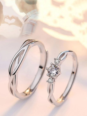 ANORI Adjustable Couple Rings Combo for Lovers Valentine Jewellery Stainless Steel Cubic Zirconia Sterling Silver Plated Ring Set