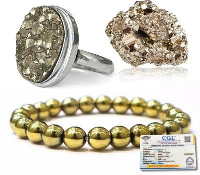 VIBESLE Combo of Original Pyrite Ring, Raw Stone 30 - 50 Gram and Golden Pyrite Bracelet Crystal, Stone Crystal Ring