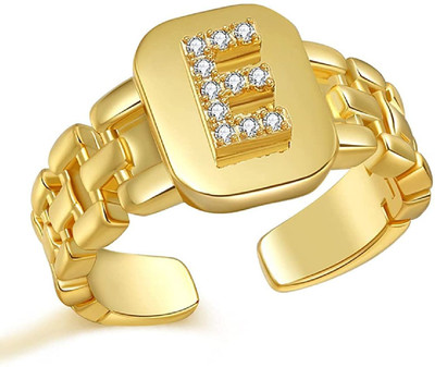 ZIVOM Initial Alphabets Letter E American Diamond Adjustable Copper Cubic Zirconia Gold Plated Ring
