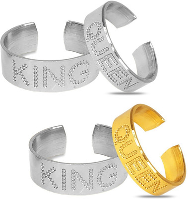 Adhvik Couple CM7857 Matching King Queen Name Engraved Design Open-Cuff Finger Ring Set Stainless Steel Ring Set