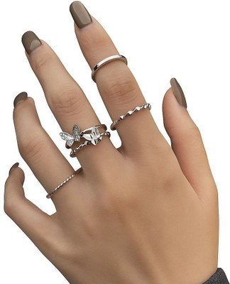 MoonLightBeauty Butterfly & Minimalist Design. Set of 4 Adjustable Silver-Tone Fashion Rings. Alloy Zircon Silver Plated Ring Set