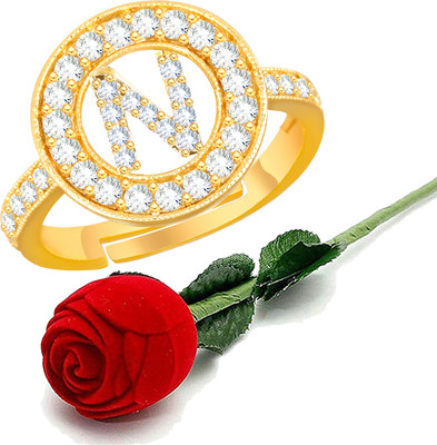 MEENAZ Love Heart Alphabet N Letter Rings girls women lovers couple Stylish simple AD Alloy, Metal, Copper, Crystal, Brass Crystal, Zircon, Diamond Gold Plated Ring Set