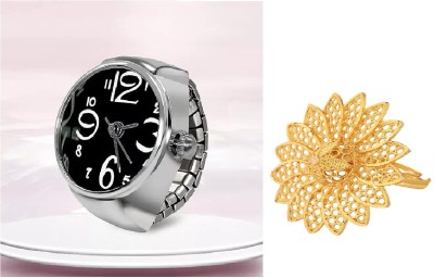 Rhosyn Combo of Adjustable Finger RIng Watch & Floral Cocktail Finger Ring Metal, Alloy, Crystal Silver, Gold Plated Ring