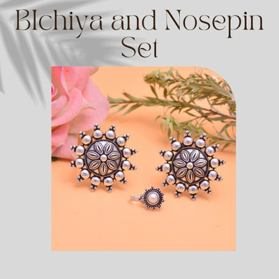 Tanusha Jewels Beautiful Oxidised Floral Bichiya & Nosepin Brass Silver Plated Toe Ring Set