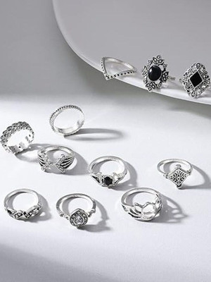 Dressberry Oxidised 15 Pcs Vintage Floral Designs Ring Set For Women And Girls Alloy Silver Plated Ring Set