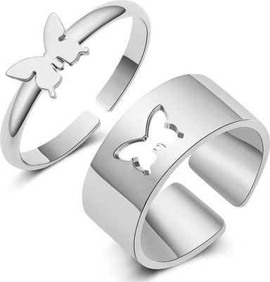 MA Enterprises Valentine's Day Adjustable Couple Promise Matching Butterfly Finger Rings Set Stainless Steel Silver Plated Ring Set