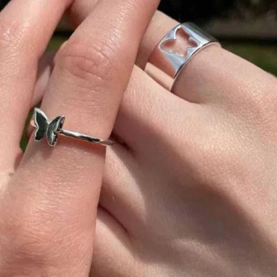 Vibeesle Silver Plated Butterfly Alloy Metal Couple Ring Matching Wrap Finger Couple Ring Stainless Steel Ring Set
