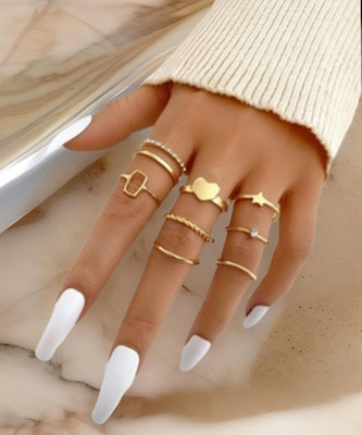 Nehdal Classy Golden 8 Piece Star Heart Cross Chain Ring Set Alloy Gold Plated Ring Set