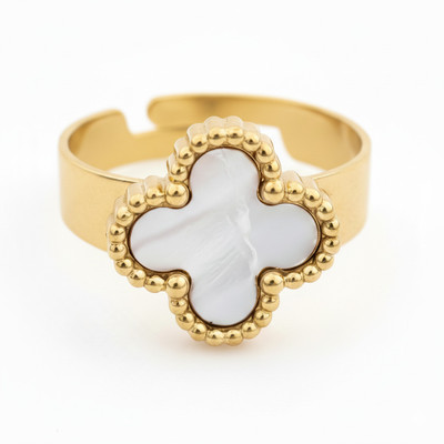 Sehrainn Anti Tarnish White Clover Ring, Adjustable Stainless Steel Ring For Women Stainless Steel Mother of Pearl Ring