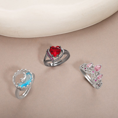 estailo fashion 3-Piece Ring Set for Women – Romantic & Royal Theme Combo Alloy Cubic Zirconia Silver Plated Ring