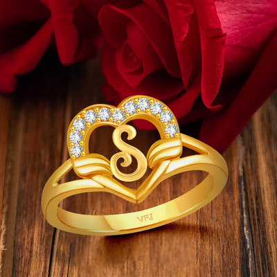 VIGHNAHARTA Valentine cluster'' S '' with heart ring alphabet cluster for women and Girls Brass Cubic Zirconia Gold Plated Ring