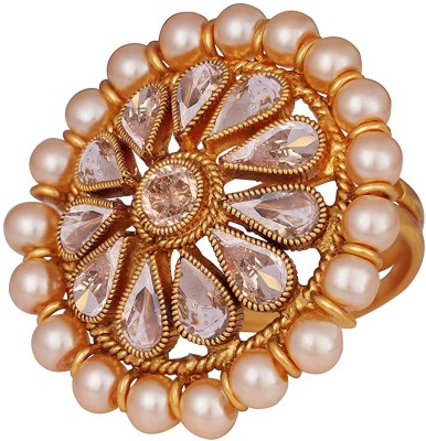 JFL Jewellery for Less LCD Stone and Pearl Round Adjustable Finger Ring Alloy, Copper Gold Plated Ring