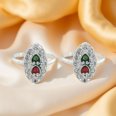 Sahiba Gems Beautiful Red & Green Cz Design Toe Rings/Bichiya Sterling Silver Zircon Toe Ring