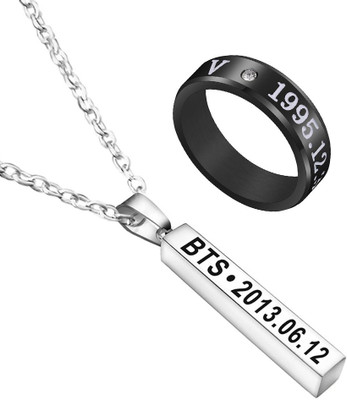 University Trendz Singer V Name Craved Stylish Silver Pendant Ring for Unisex Stainless Steel Cubic Zirconia Silver Plated Ring Set