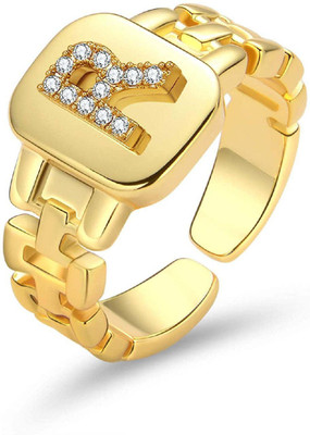 ZIVOM Initial Alphabets Letter R American Diamond Adjustable Copper Cubic Zirconia Gold Plated Ring