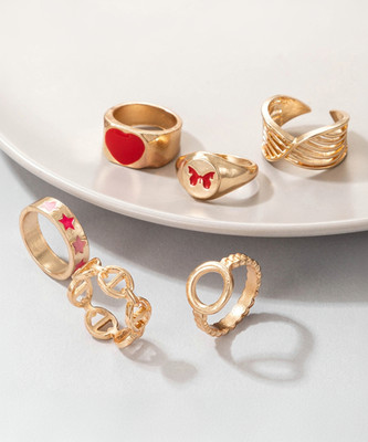 Vembley Red Color Dripping Oil Love Star, Heart Butterfly 6 Pcs Ring Set For Her Alloy Gold Plated Ring Set