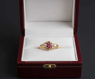Diyaana Radiant Ruby Blossom Gold Plated Floral Ring. Stainless Steel Cubic Zirconia, Beads Gold Plated Ring
