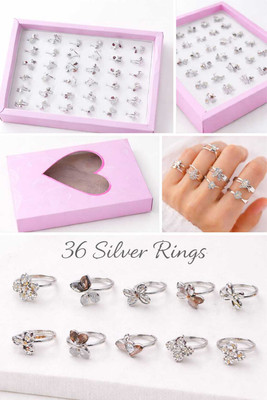 DIVINE Combo Set of 36 Silver Metallic Rings for Girls, Women(1 Box) Alloy Ring