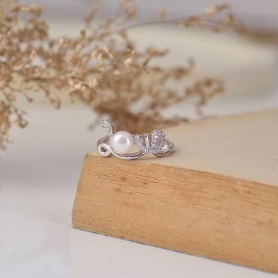 Ornate Jewels Pure 925 Sterling Silver Valentine LOVE Pearl Ring For Girls| Sterling Silver Pearl Rhodium Plated Ring