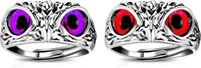 NEXT CREATION Style Owl Bird purple & red Eyes Open Adjustable Ring for Men&Women (pack of 2) Stainless Steel Ring Set