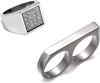 Neerajyoti American diamond square ring and double finger ring set Alloy Zircon Silver Plated Ring Set