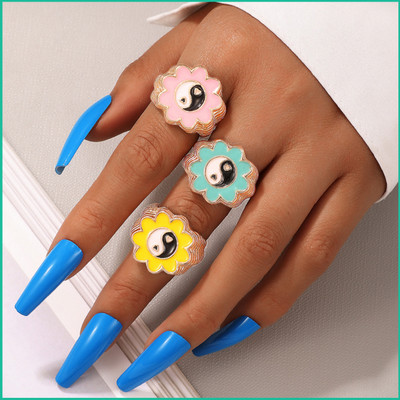 TheVineGirl Multicolor 3 Pcs Japanese and Korean Fashion Flower Ring Set For Women And Girls Alloy Gold Plated Ring Set