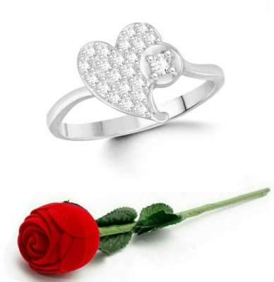 VIGHNAHARTA Valentine Heart Alloy Ring with Red Rose Ring Box for Women and Girls Brass Cubic Zirconia Rhodium Plated Ring Set