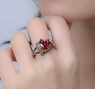 Lyzoo Valentines Special Red Heart Ring Fashion Silver Plated Dual Heart Crystal Ring Brass Ruby Silver Plated Ring