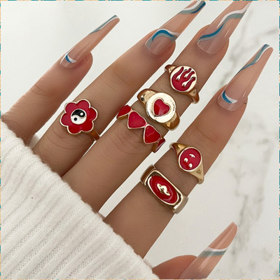 JDENTERPRISES Flower Heart Cherry Red 6 Pcs Ring Set For Women Alloy Gold Plated Ring Set
