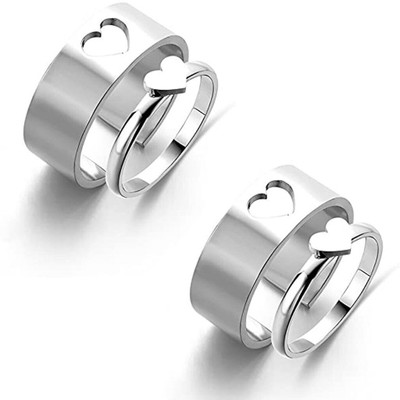 Vibeesle Combo of 2 Elegent Silver Plated Heart Couple Rings Stainless Steel Silver Plated Ring Set