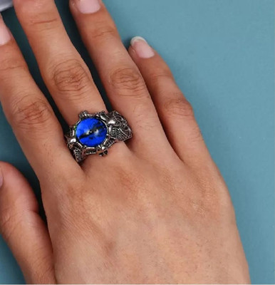 Vibeesle Adjustable Crystal Blue 3D Dragon Devil Demons Evil Eye Thumb Finger Ring Stainless Steel Silver Plated Ring